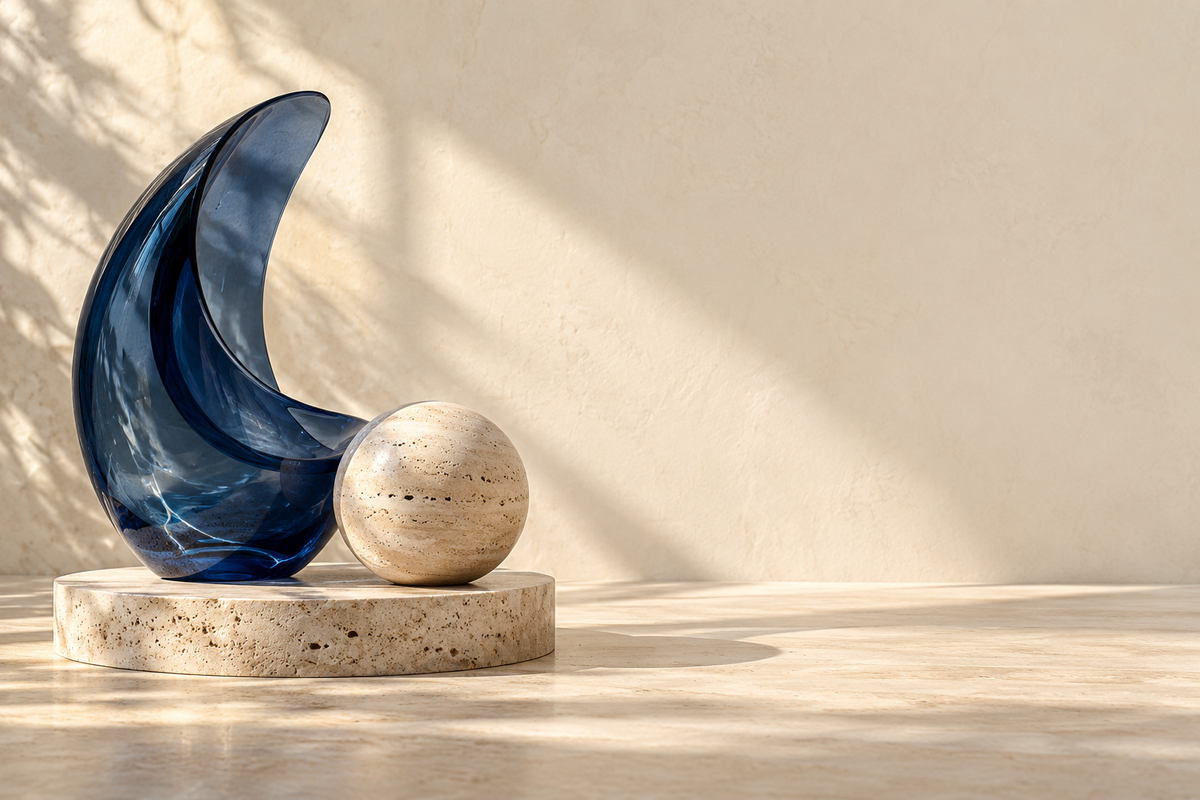Sculptural navy glass and cream stone in natural light