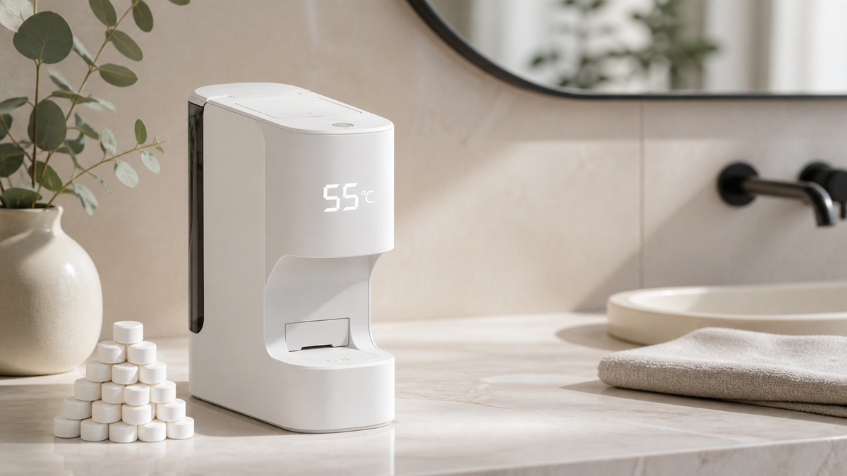 Canonyx WarmPress dispenser on a modern bathroom vanity