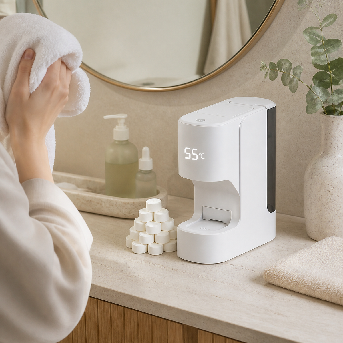 Warm face towel self-care routine with the Canonyx heated compressed towel dispenser