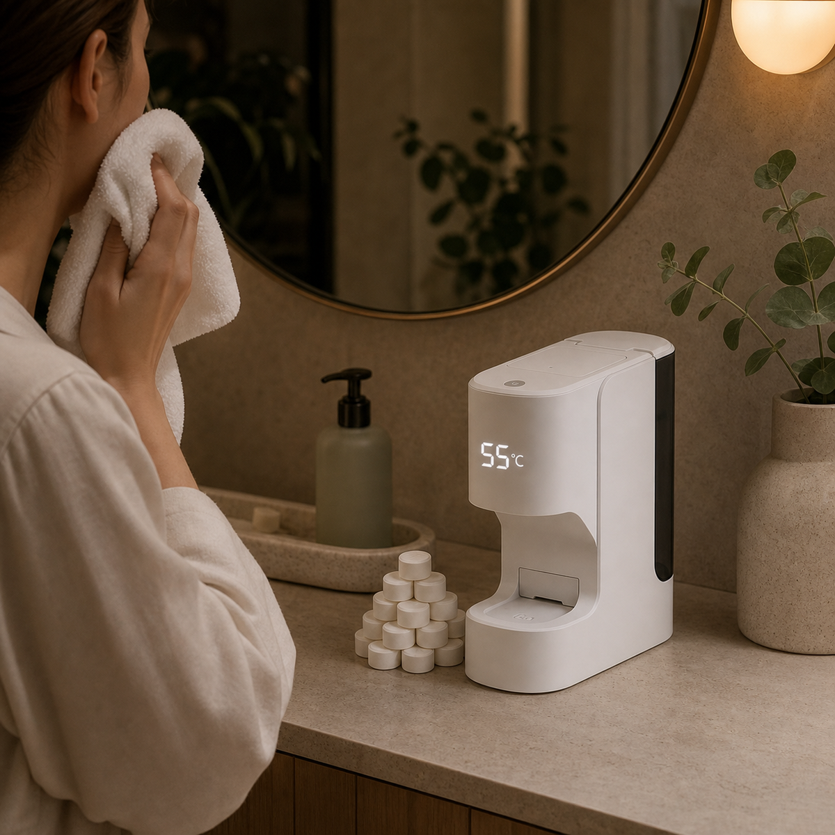 Evening skincare ritual beside the Canonyx WarmPress towel dispenser