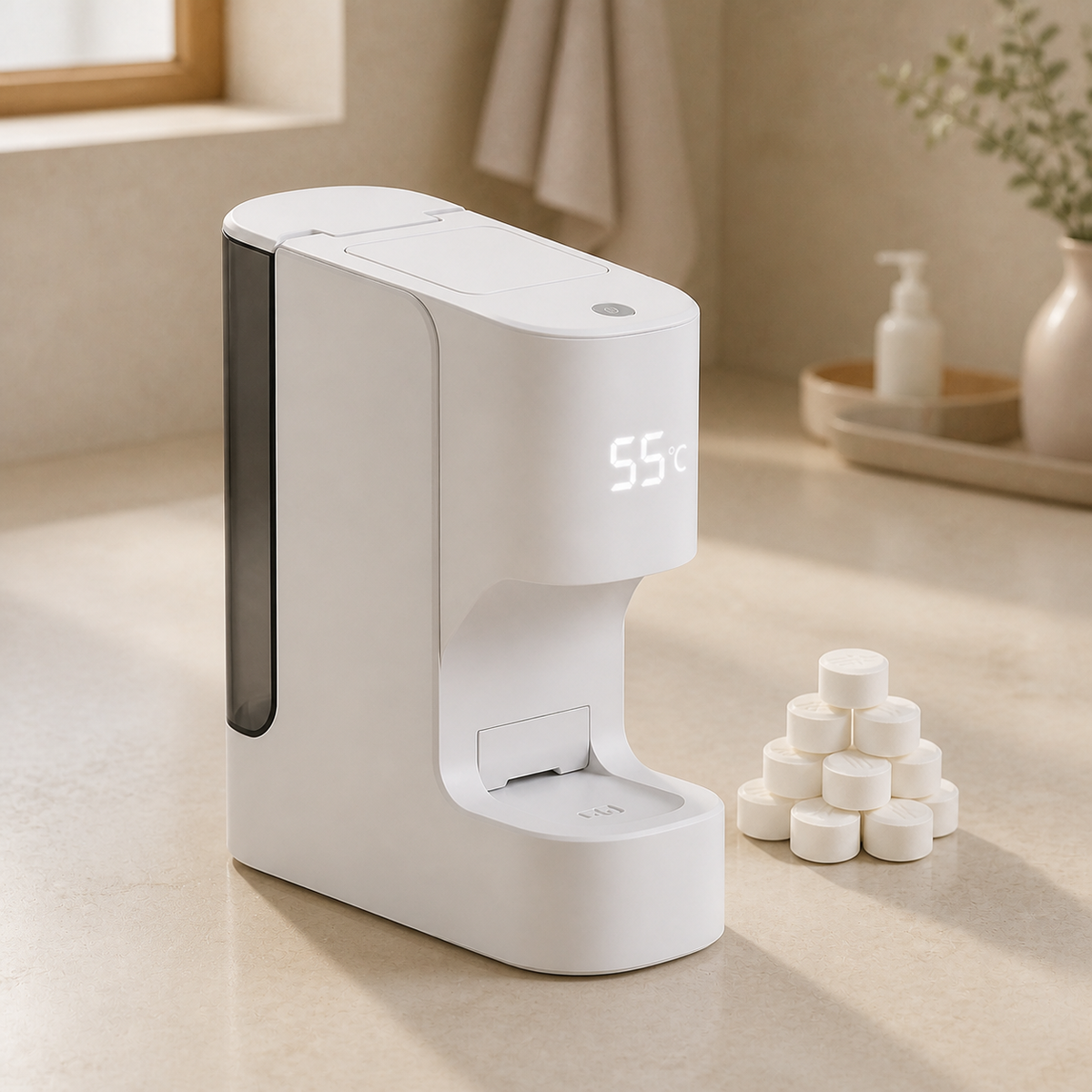 Canonyx WarmPress towel dispenser in warm bathroom light, shown from an alternate angle