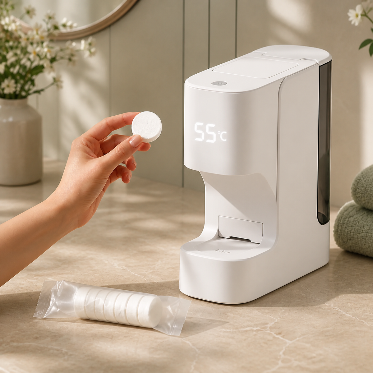 A hand holding a compressed towel refill beside the Canonyx WarmPress towel dispenser