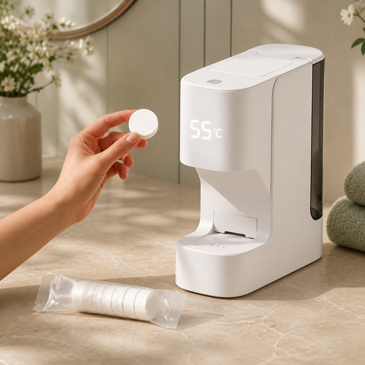 A hand holding a compressed towel refill beside the Canonyx WarmPress towel dispenser