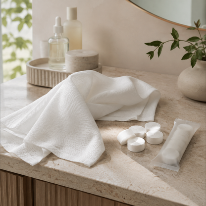 Expanded white face towel with compressed towel tablets in a spa-inspired bathroom